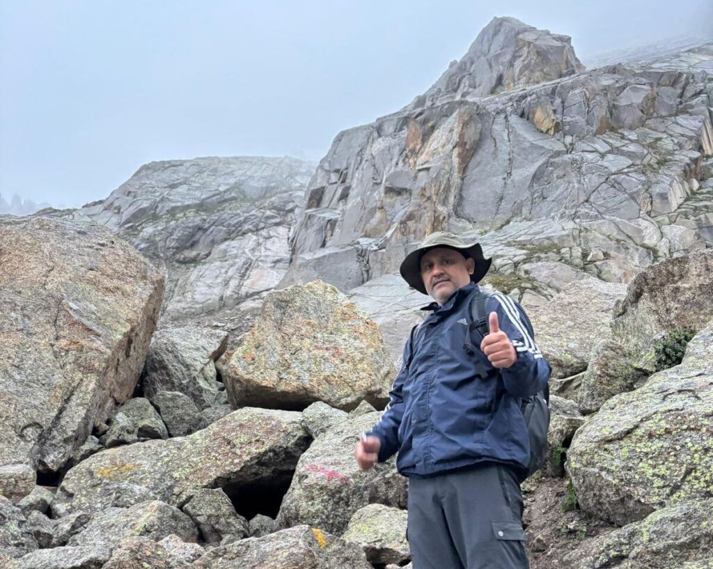 Shivling rock at Kinner Kailash peak with prayer flags